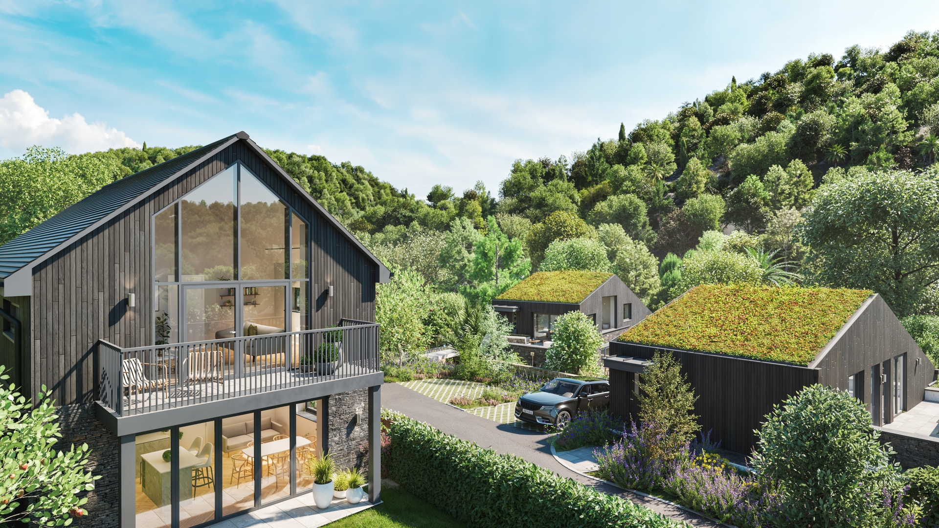 Aerial view of Acorn's Lee Bay homes overlooking the surrounding greenery