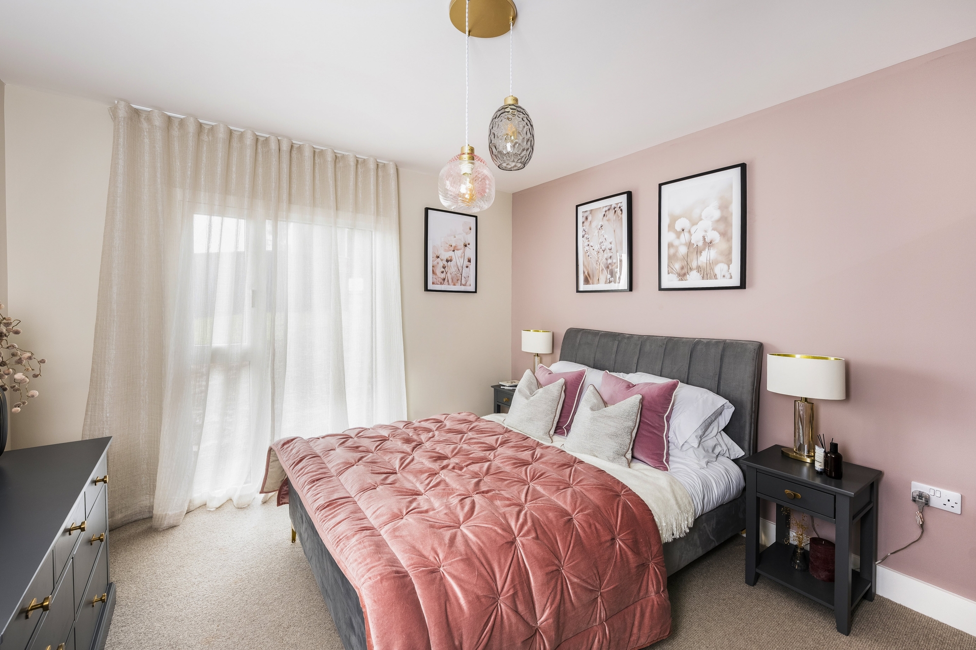 Bedroom - Pink, White Cream, bed. Contemporary Show Apartment now open at St. Leonards Quarter, Exeter