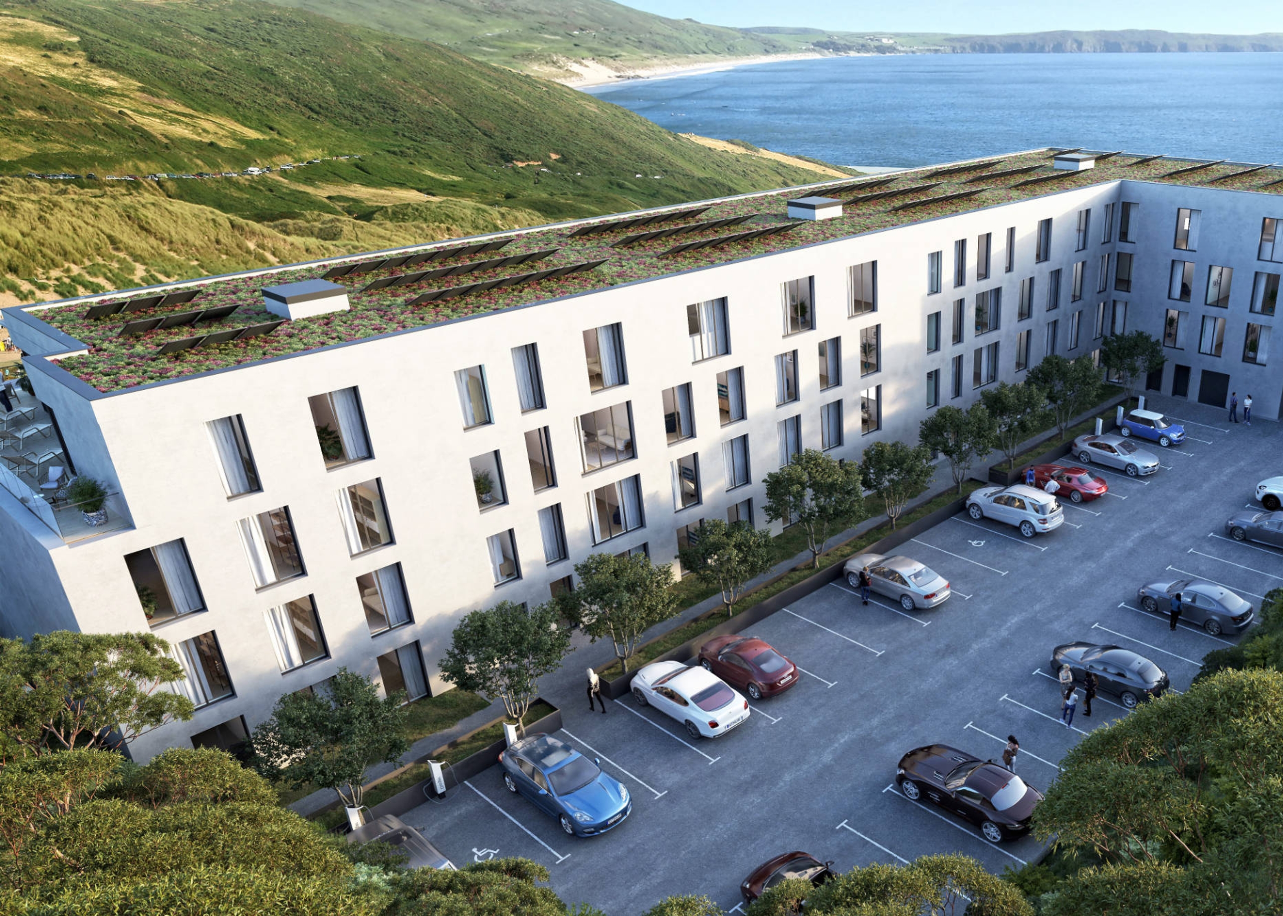 Sustainable construction and development main image - showing a new development overlooking the sea